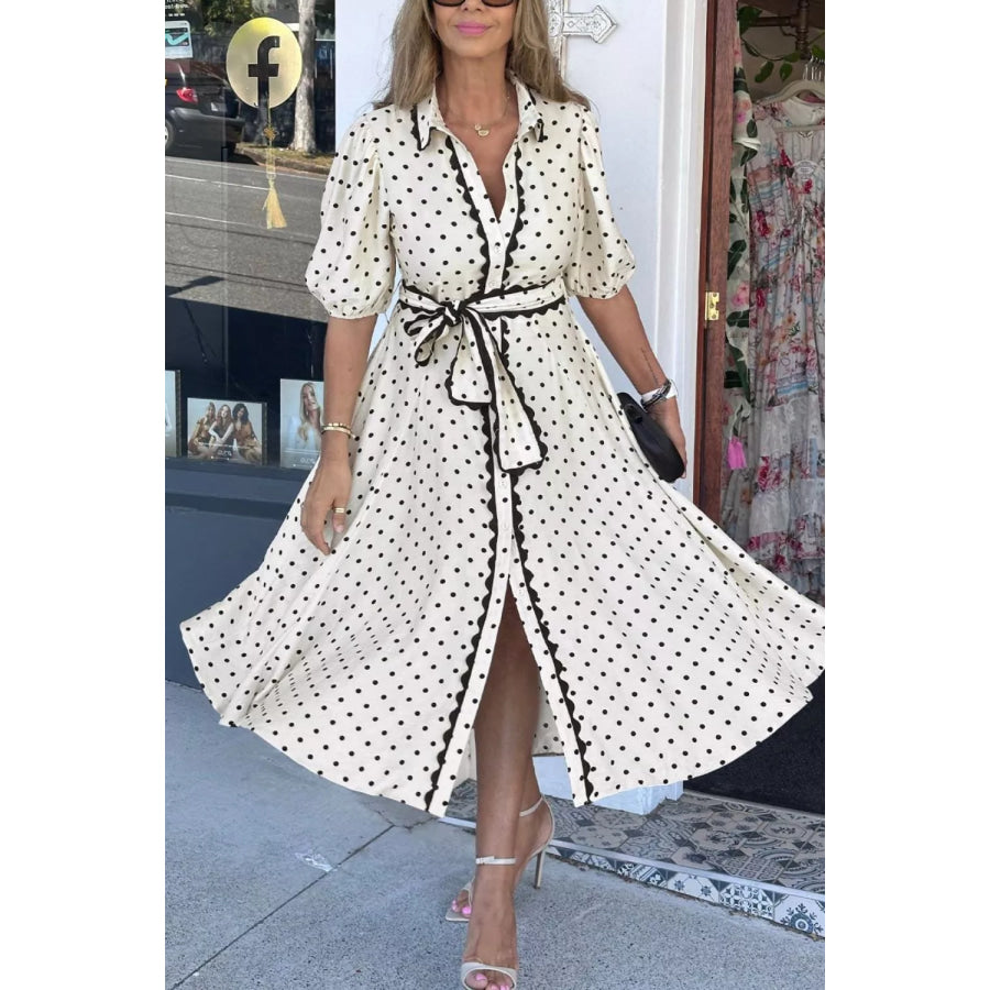 Polka Dot Half Sleeve Midi Dress Beige / S Apparel and Accessories