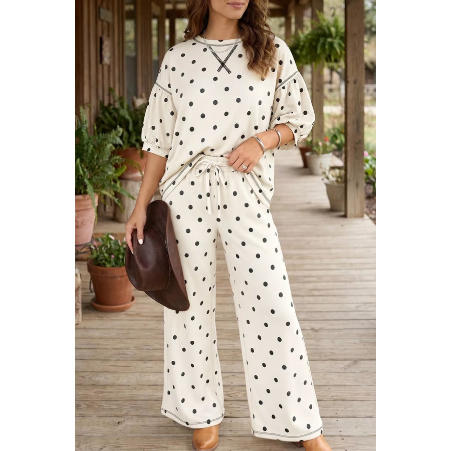 Polka Dot Half Sleeve Top and Pants Set Cream / S Apparel and Accessories