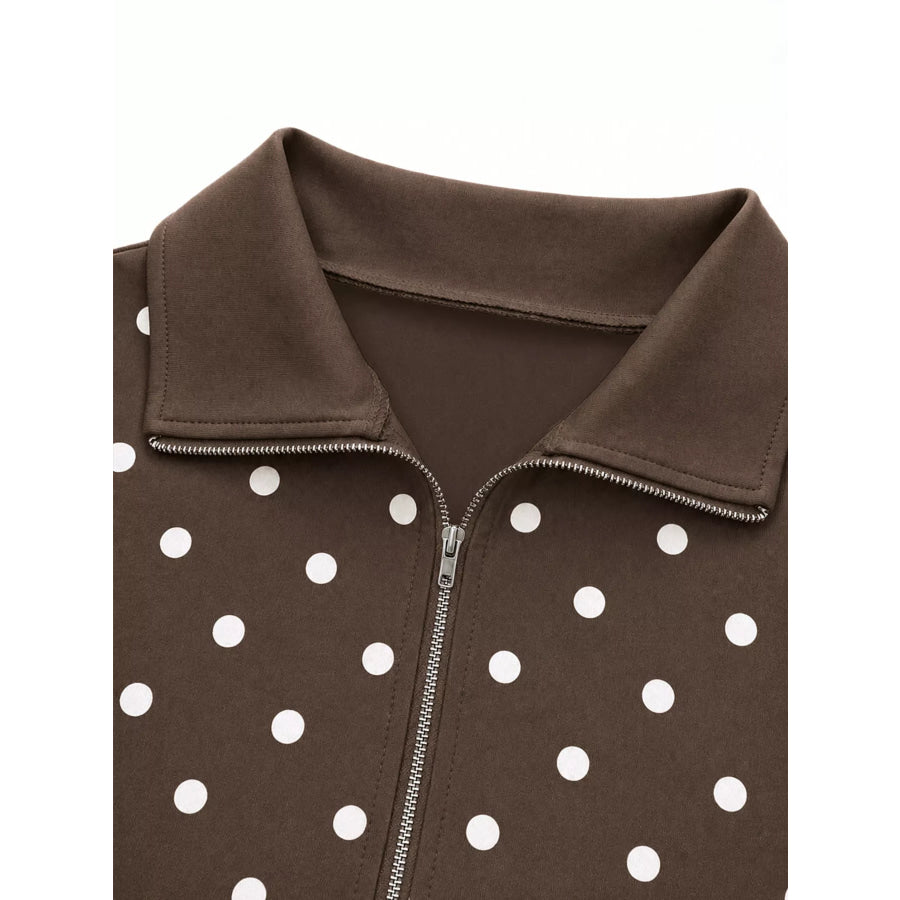 Polka Dot Half Zip Cropped Sweatshirt Coffee Brown / S Apparel and Accessories