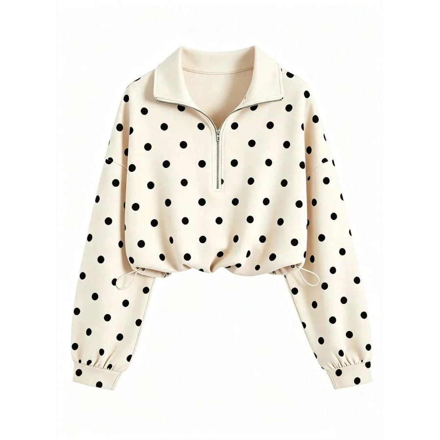 Polka Dot Half Zip Cropped Sweatshirt Beige / S Apparel and Accessories
