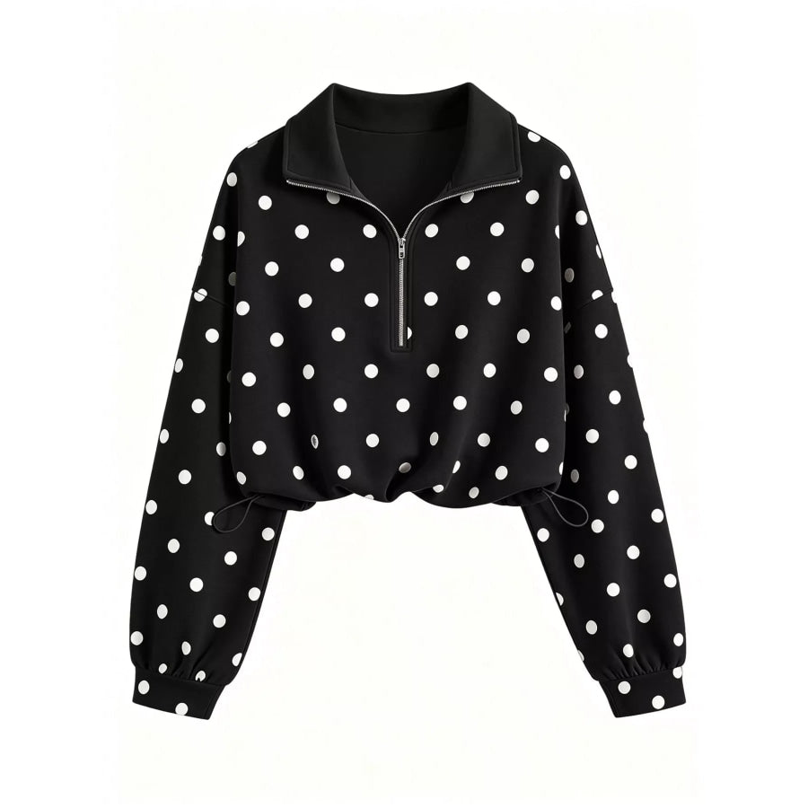 Polka Dot Half Zip Cropped Sweatshirt Black / S Apparel and Accessories