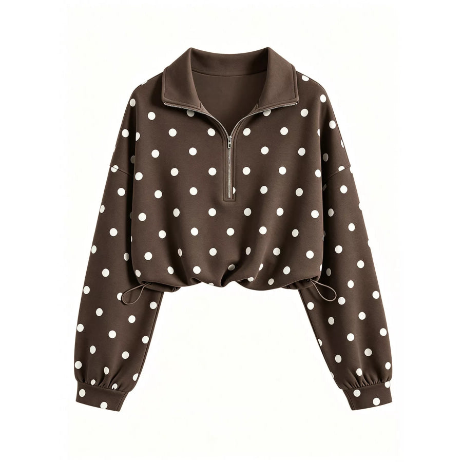 Polka Dot Half Zip Cropped Sweatshirt Coffee Brown / S Apparel and Accessories
