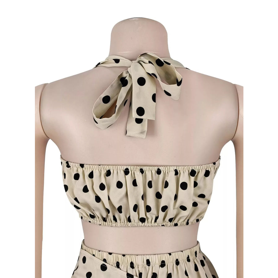 Polka Dot Halter Neck Cami and Fringe Trim Pants Set Apparel and Accessories
