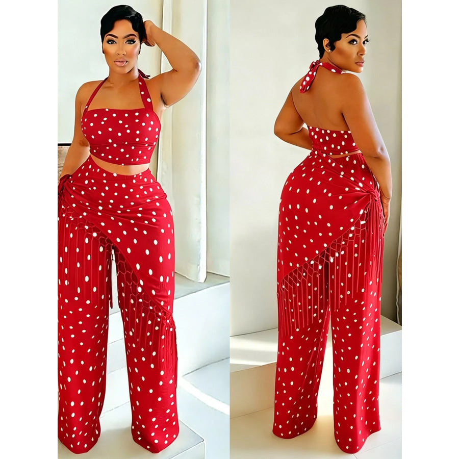 Polka Dot Halter Neck Cami and Fringe Trim Pants Set Apparel and Accessories