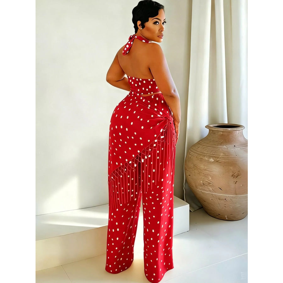 Polka Dot Halter Neck Cami and Fringe Trim Pants Set Apparel and Accessories