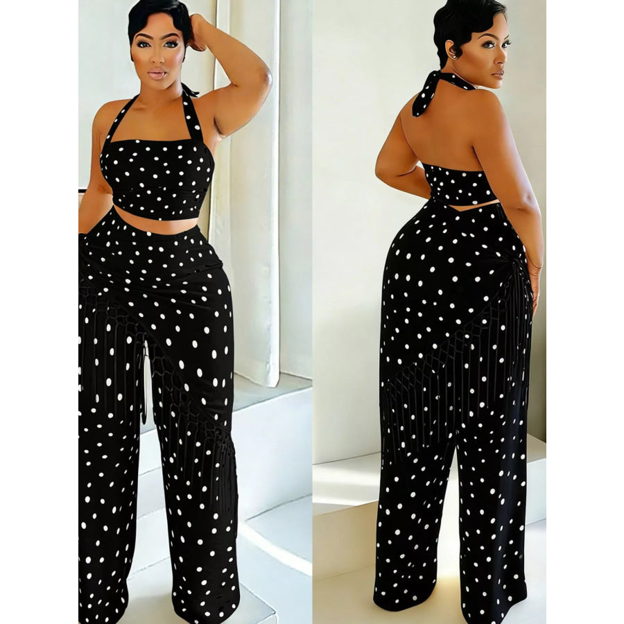Polka Dot Halter Neck Cami and Fringe Trim Pants Set Apparel and Accessories
