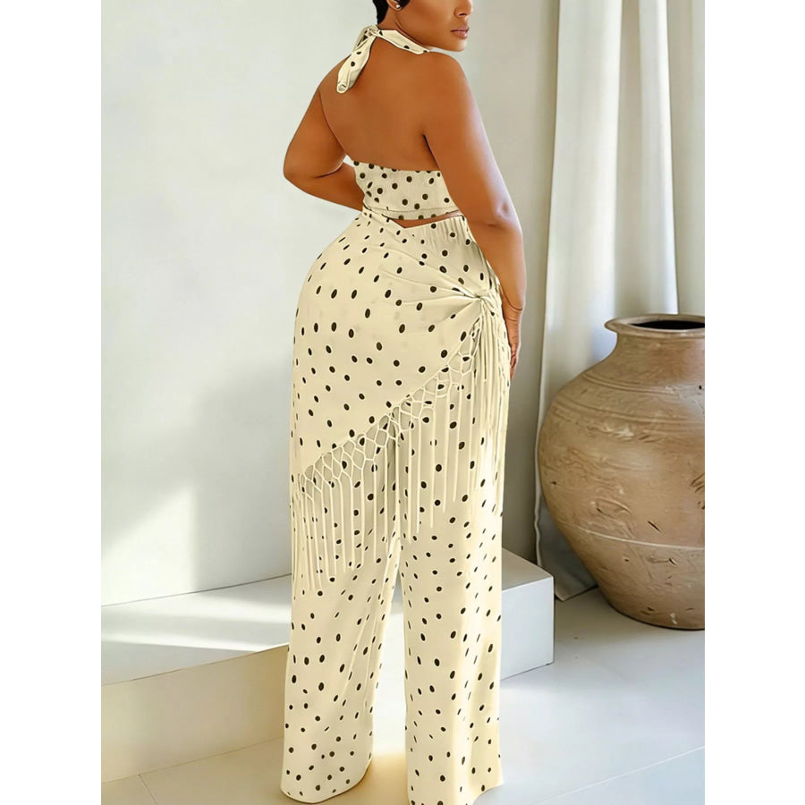 Polka Dot Halter Neck Cami and Fringe Trim Pants Set Cream / S Apparel and Accessories
