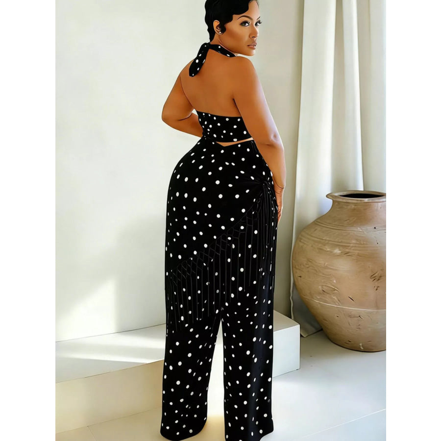 Polka Dot Halter Neck Cami and Fringe Trim Pants Set Apparel and Accessories