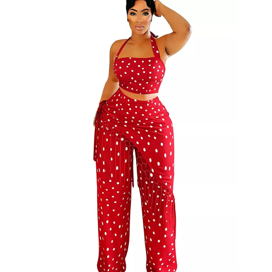 Polka Dot Halter Neck Cami and Fringe Trim Pants Set Apparel and Accessories