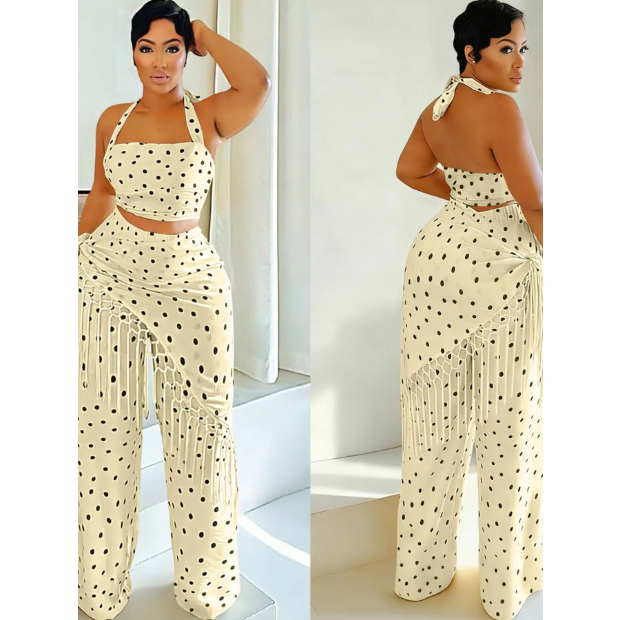 Polka Dot Halter Neck Cami and Fringe Trim Pants Set Apparel and Accessories