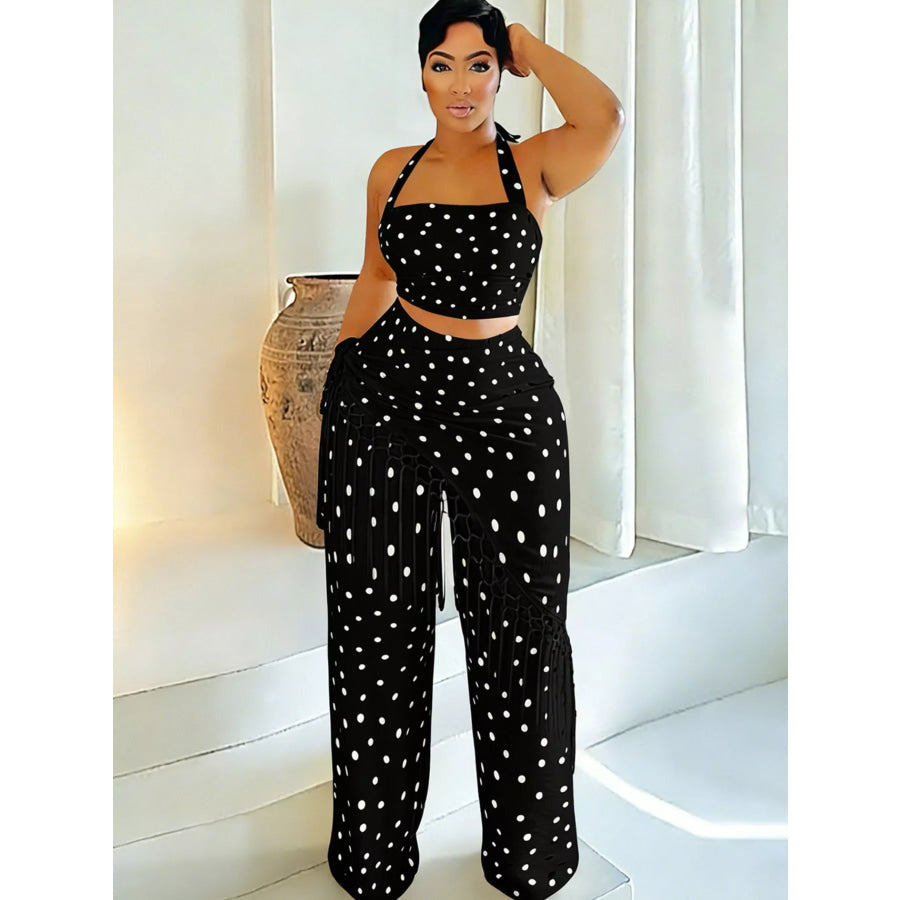 Polka Dot Halter Neck Cami and Fringe Trim Pants Set Black / S Apparel and Accessories