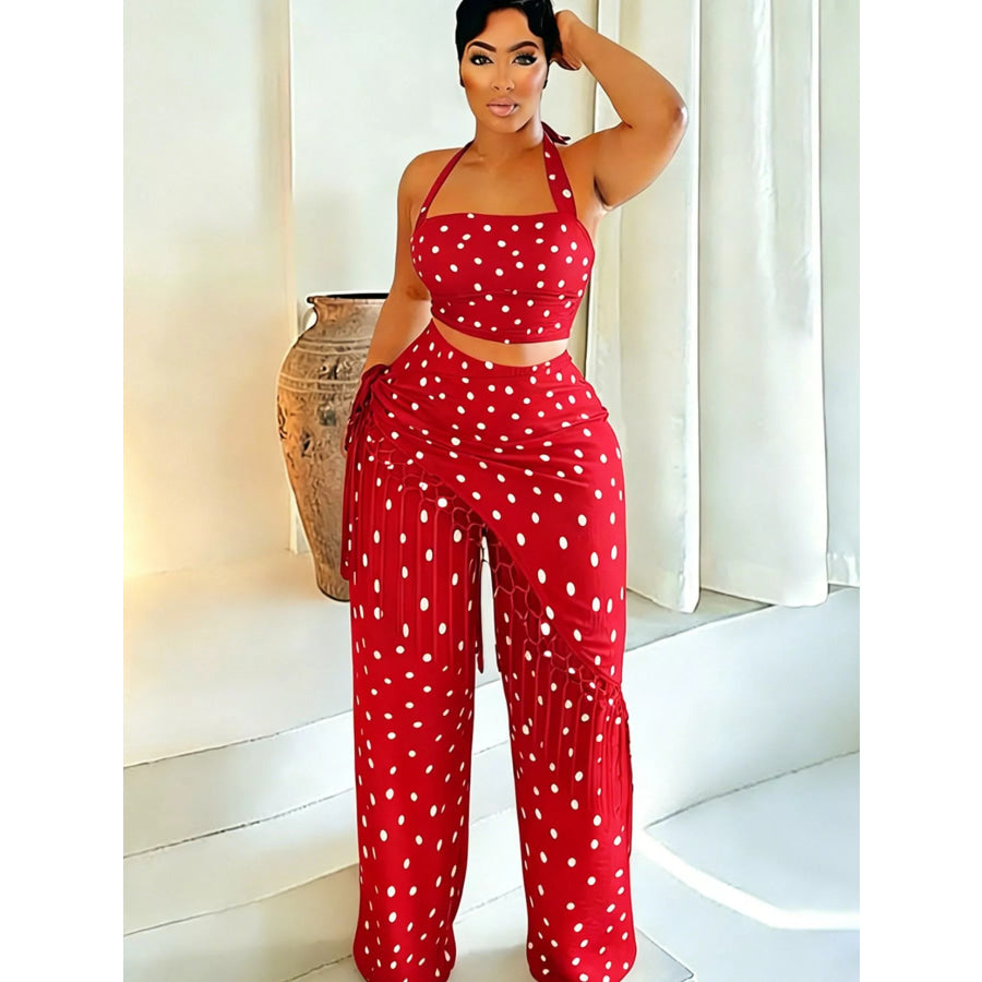 Polka Dot Halter Neck Cami and Fringe Trim Pants Set Red / S Apparel and Accessories