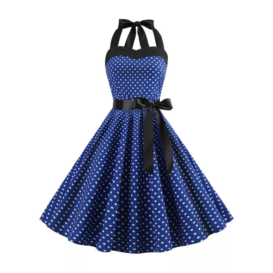 Polka Dot Halter Neck Dress Dark Blue / S Apparel and Accessories