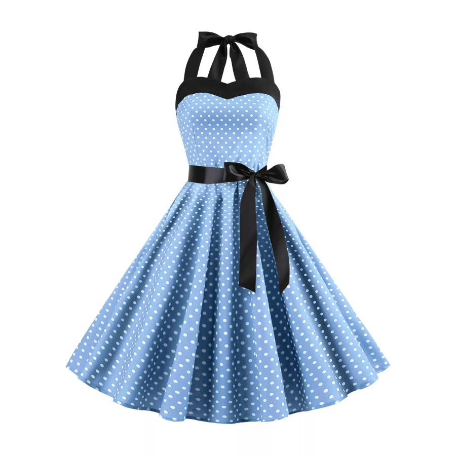 Polka Dot Halter Neck Dress Light Blue / S Apparel and Accessories