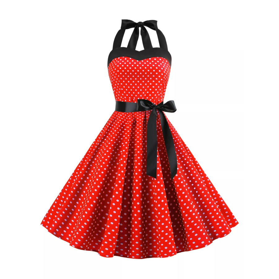 Polka Dot Halter Neck Dress Red / S Apparel and Accessories