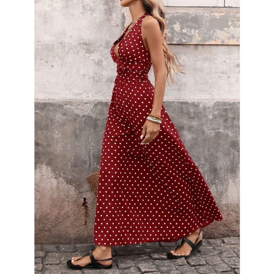 Polka Dot Halter Neck Maxi Dress Apparel and Accessories