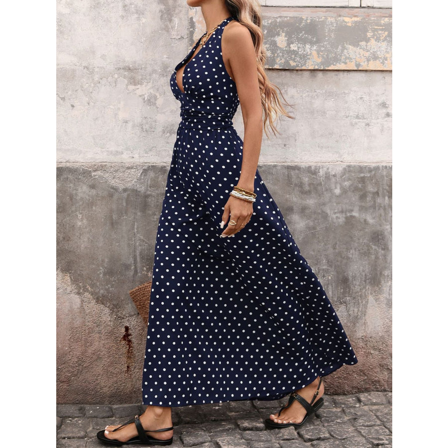 Polka Dot Halter Neck Maxi Dress Apparel and Accessories