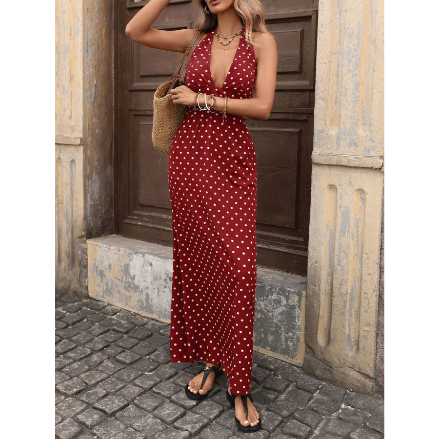 Polka Dot Halter Neck Maxi Dress Apparel and Accessories