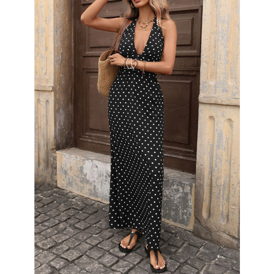 Polka Dot Halter Neck Maxi Dress Apparel and Accessories