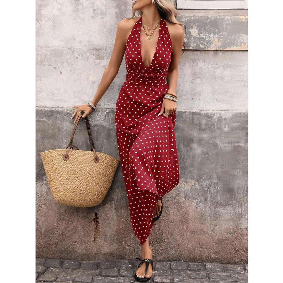 Polka Dot Halter Neck Maxi Dress Apparel and Accessories