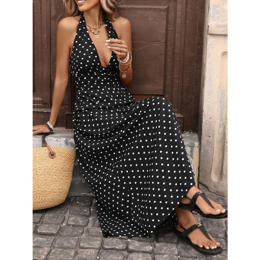 Polka Dot Halter Neck Maxi Dress Apparel and Accessories