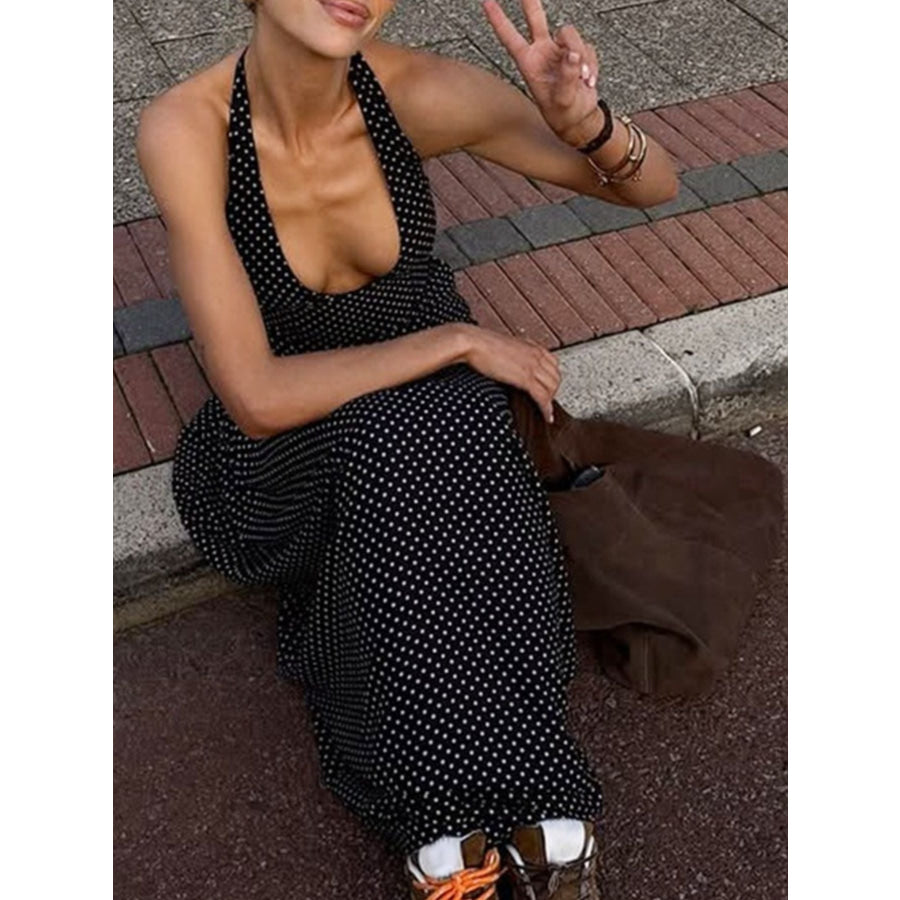 Polka Dot Halter Neck Maxi Dress Black / S Apparel and Accessories