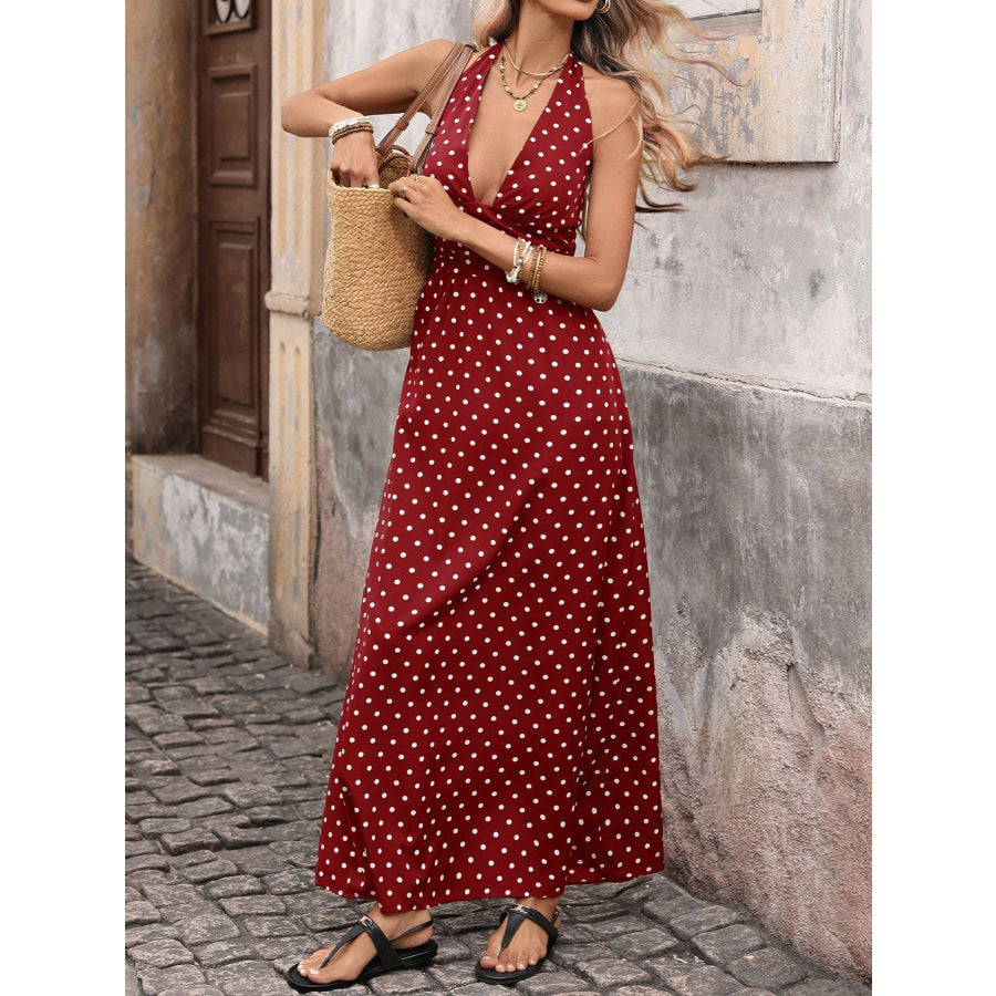 Polka Dot Halter Neck Maxi Dress Burgundy / S Apparel and Accessories