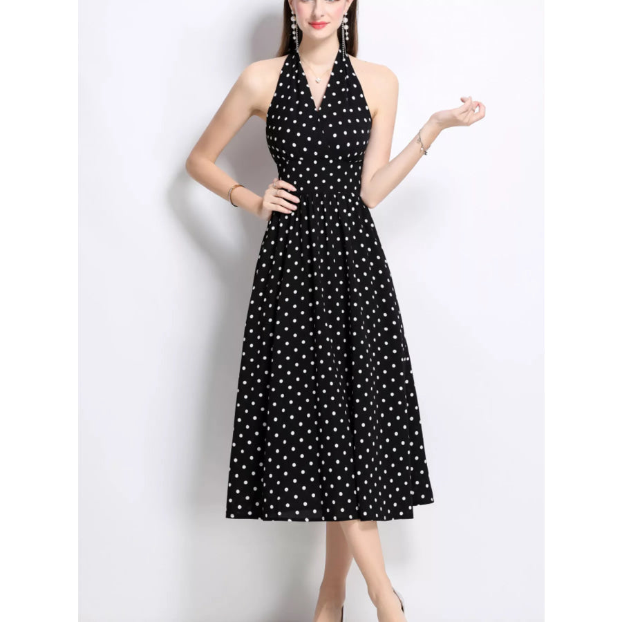 Polka Dot Halter Neck Midi Dress Apparel and Accessories