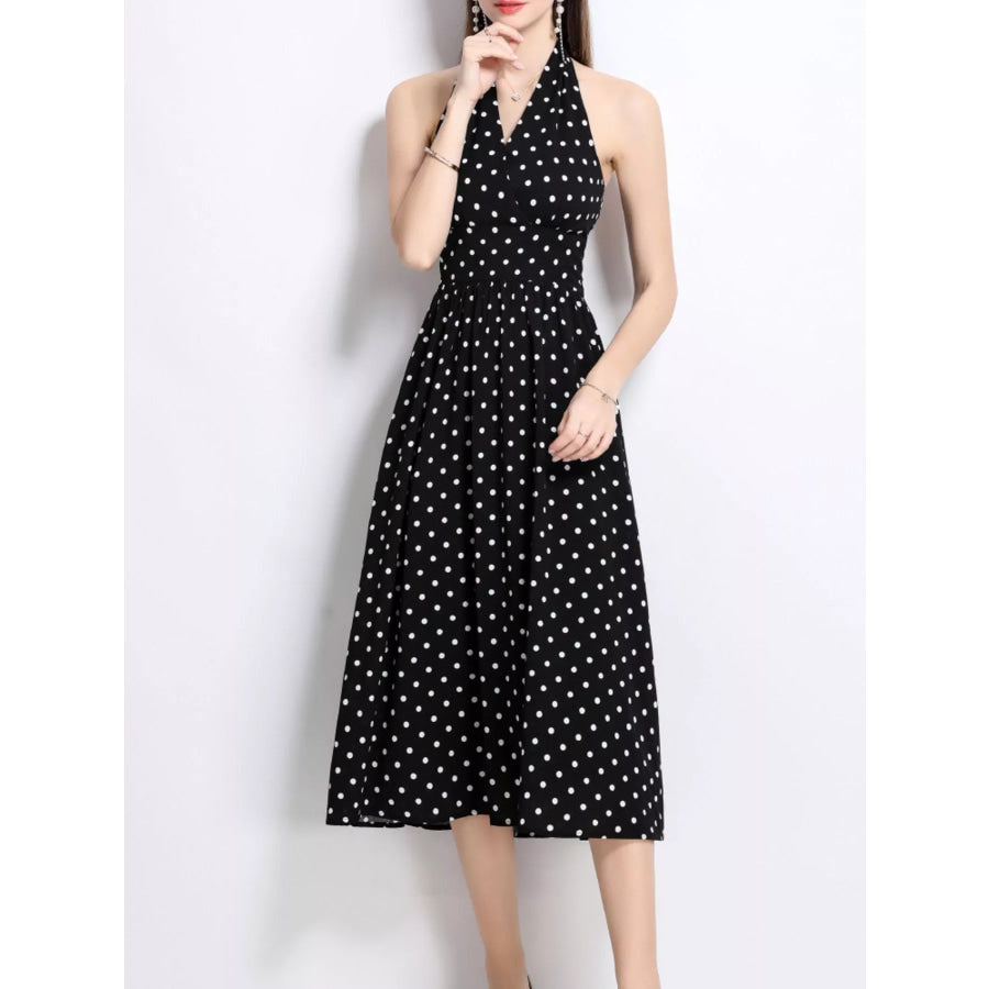 Polka Dot Halter Neck Midi Dress Apparel and Accessories