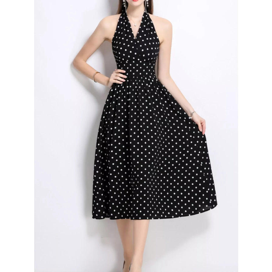 Polka Dot Halter Neck Midi Dress Apparel and Accessories