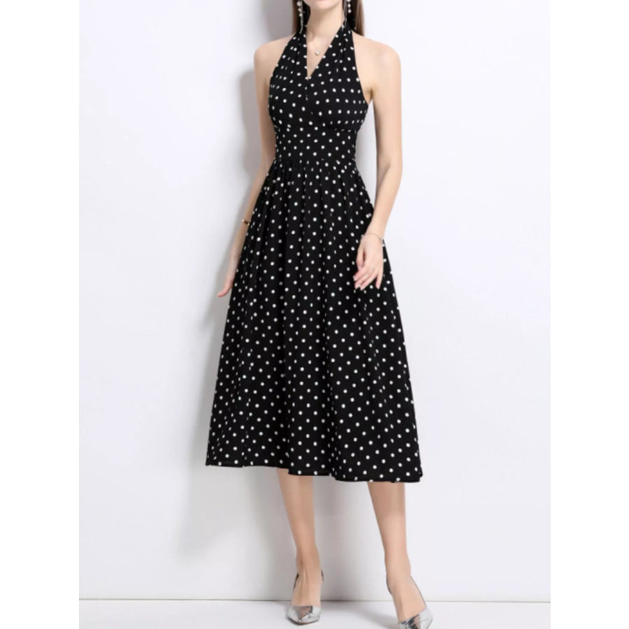 Polka Dot Halter Neck Midi Dress Black / S Apparel and Accessories