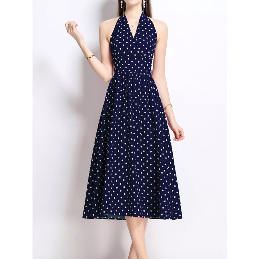 Polka Dot Halter Neck Midi Dress Blue / S Apparel and Accessories