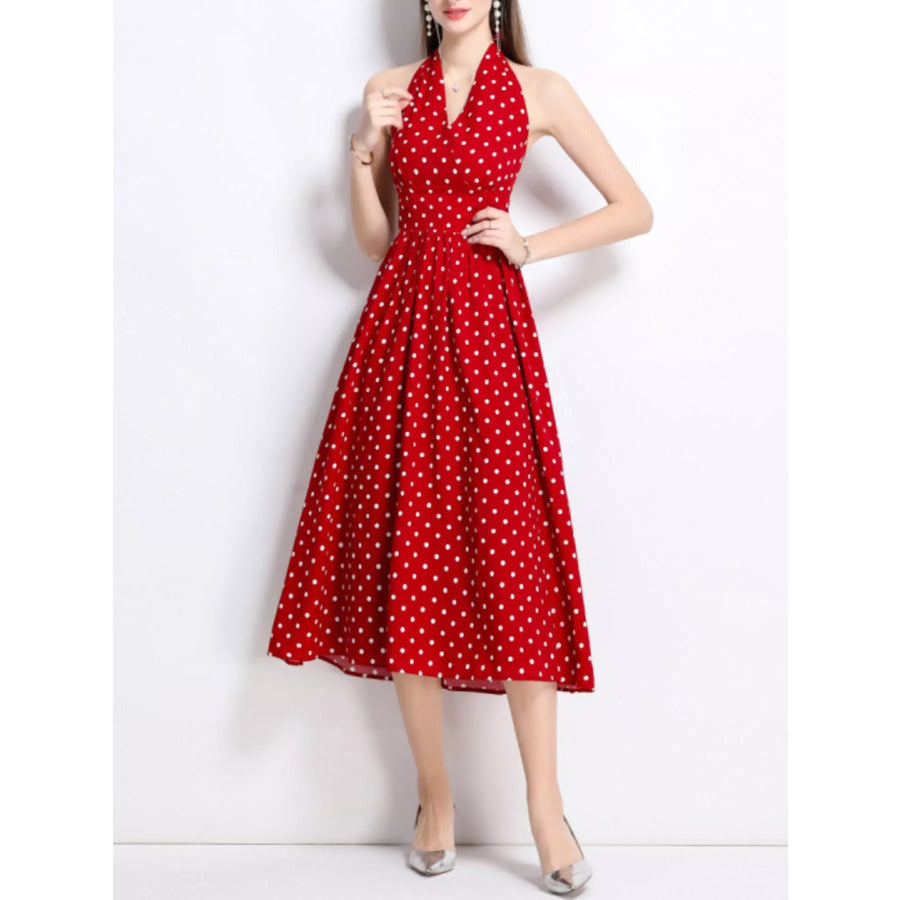 Polka Dot Halter Neck Midi Dress Red / S Apparel and Accessories