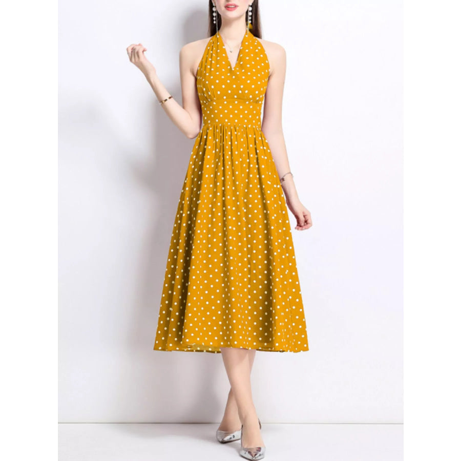 Polka Dot Halter Neck Midi Dress Yellow / S Apparel and Accessories
