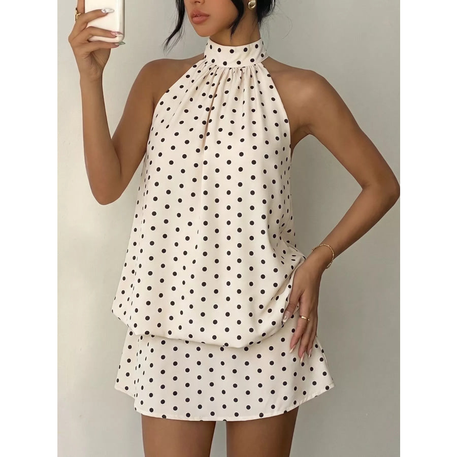 Polka Dot Halter Neck Mini Dress Apricot / S Apparel and Accessories