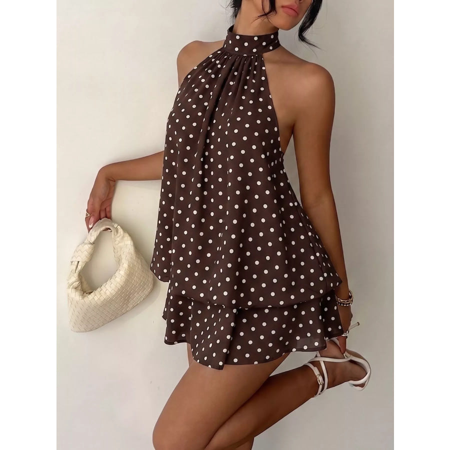 Polka Dot Halter Neck Mini Dress Coffee Brown / S Apparel and Accessories
