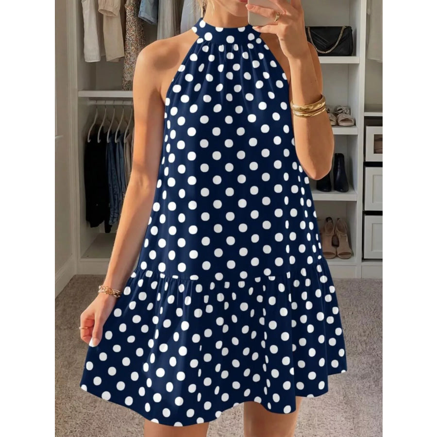 Polka Dot Halter Neck Mini Dress Navy Blue / S Apparel and Accessories