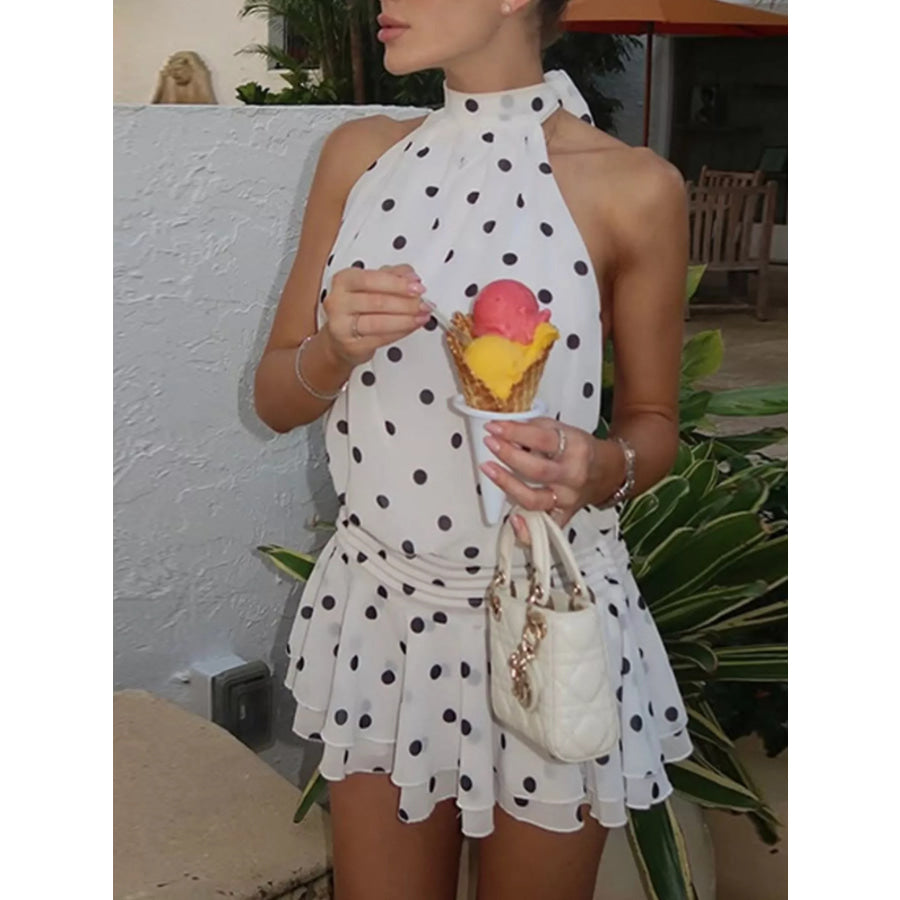 Polka Dot Halter Neck Ruffle Dress Apparel and Accessories