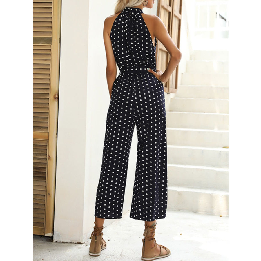 Polka Dot Halter Neck Wide Leg Jumpsuit Apparel and Accessories