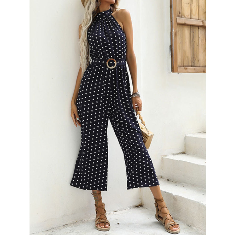 Polka Dot Halter Neck Wide Leg Jumpsuit Apparel and Accessories