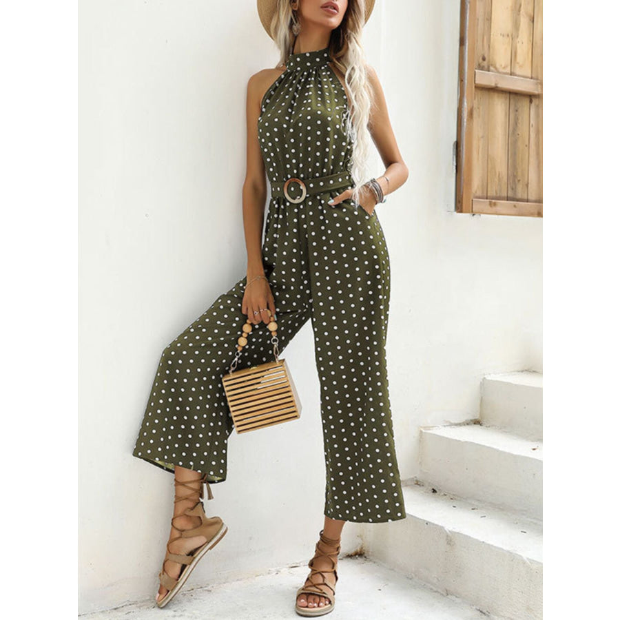Polka Dot Halter Neck Wide Leg Jumpsuit Apparel and Accessories