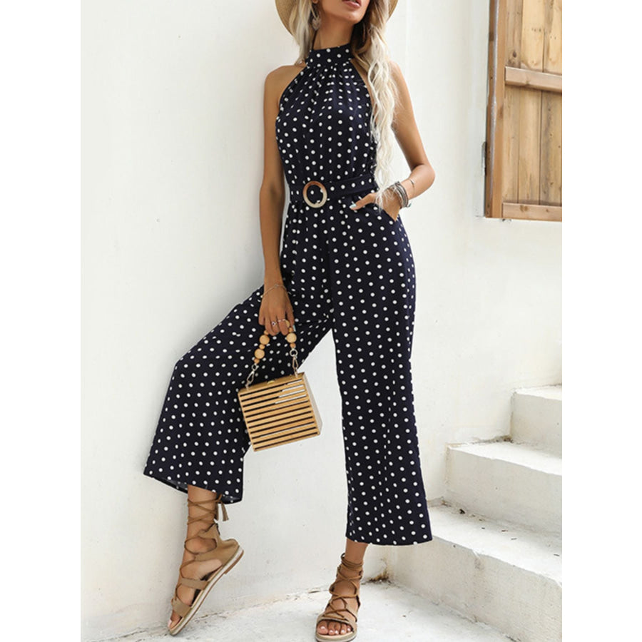 Polka Dot Halter Neck Wide Leg Jumpsuit Apparel and Accessories