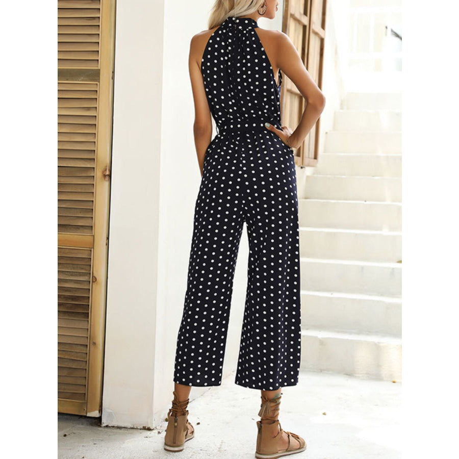 Polka Dot Halter Neck Wide Leg Jumpsuit Apparel and Accessories