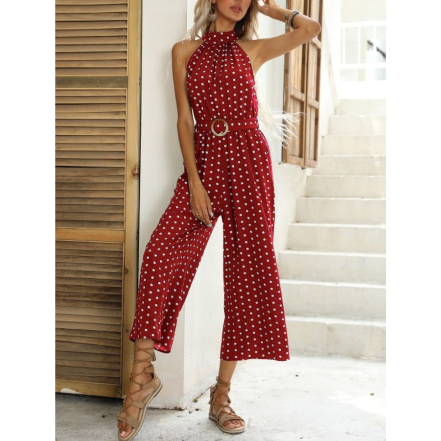 Polka Dot Halter Neck Wide Leg Jumpsuit Apparel and Accessories