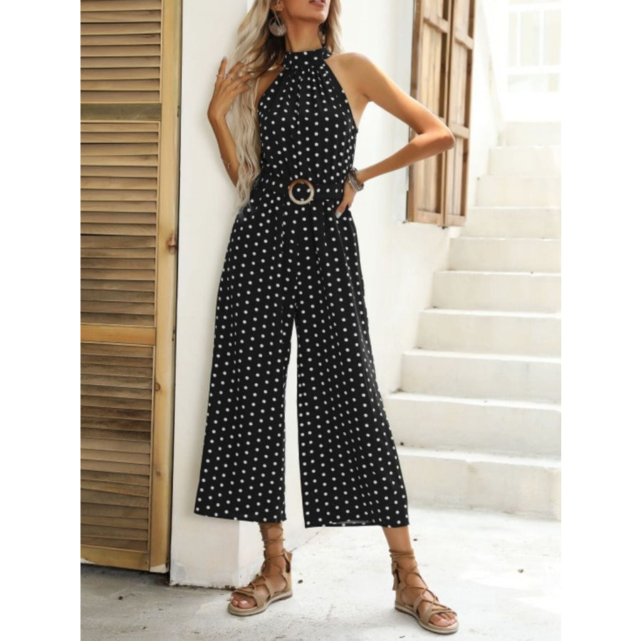 Polka Dot Halter Neck Wide Leg Jumpsuit Black / S Apparel and Accessories