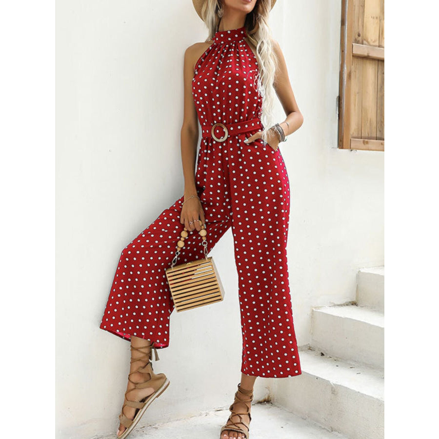 Polka Dot Halter Neck Wide Leg Jumpsuit Burgundy / S Apparel and Accessories