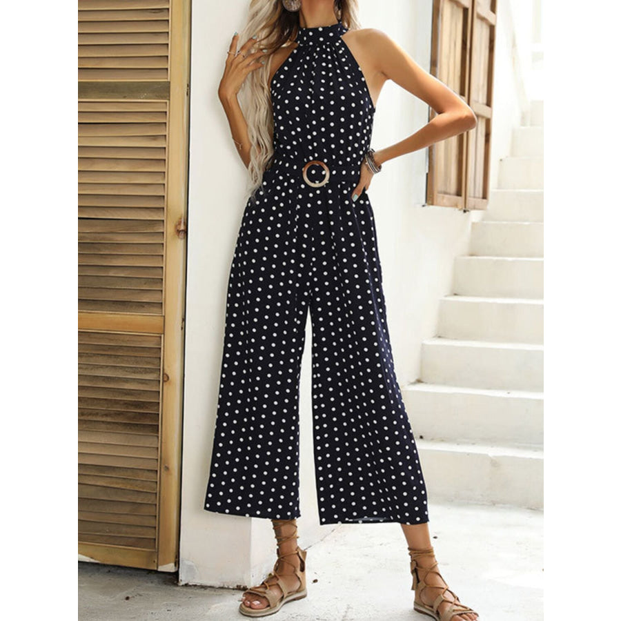 Polka Dot Halter Neck Wide Leg Jumpsuit Navy / S Apparel and Accessories