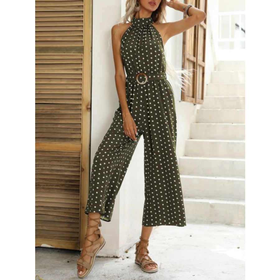 Polka Dot Halter Neck Wide Leg Jumpsuit Sage / S Apparel and Accessories