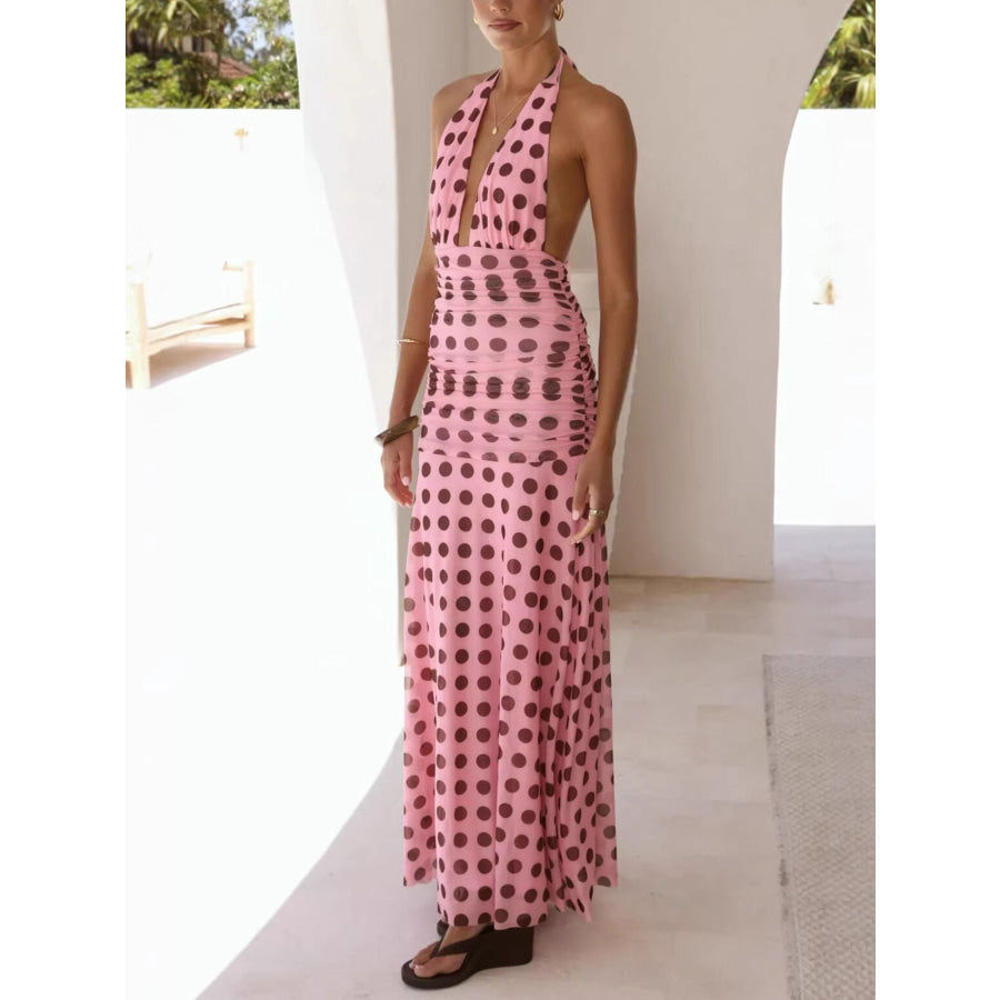 Polka Dot Halter Ruched Maxi Dress Apparel and Accessories
