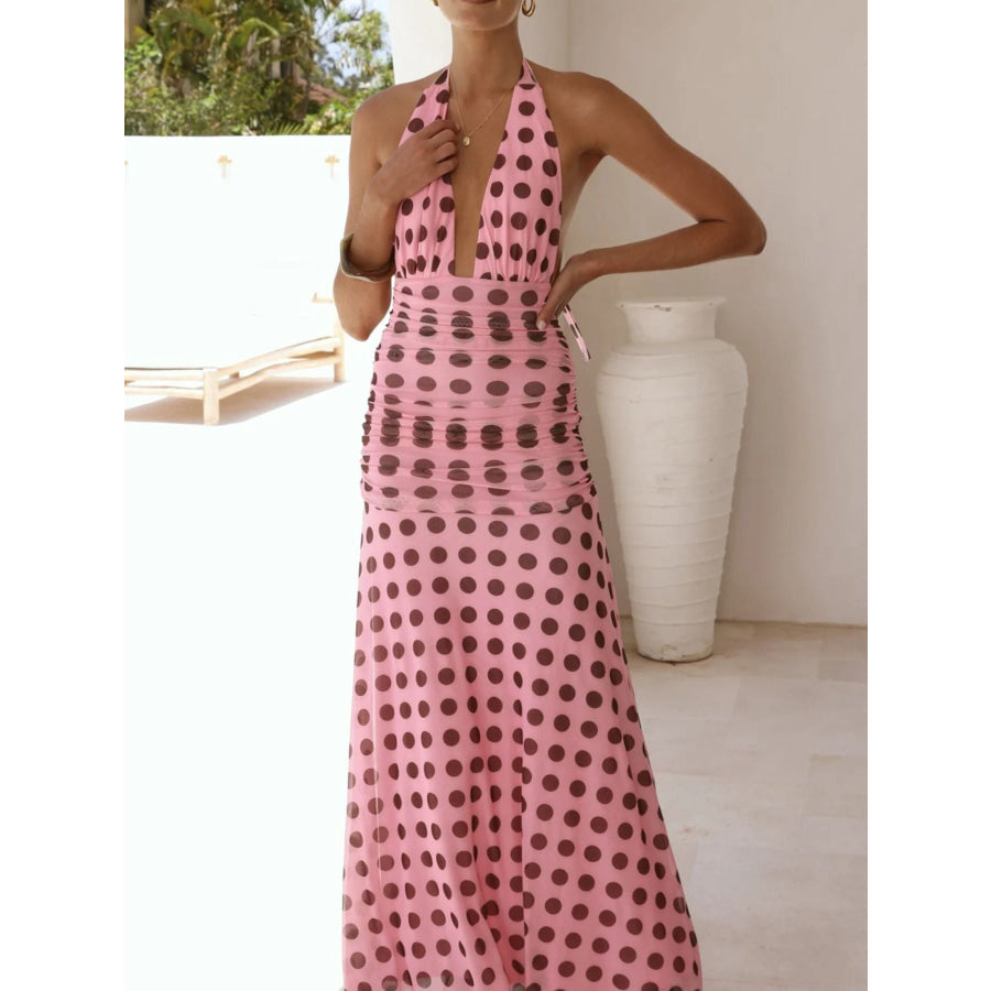 Polka Dot Halter Ruched Maxi Dress Apparel and Accessories